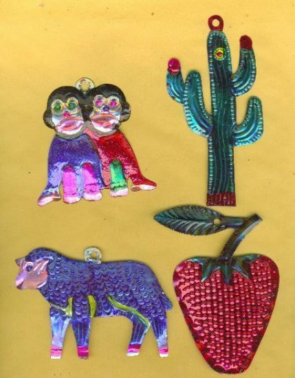 4 MEXICAN HANDCRAFTED TIN ORNAMENTS