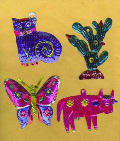 4 MEXICAN HANDCRAFTED CHRISTMAS TIN ORNAMENTS