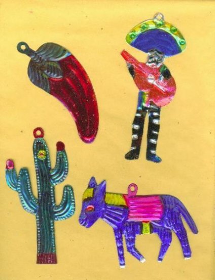 4 MEXICAN HANDCRAFTED CHRISTMAS TIN ORNAMENTS