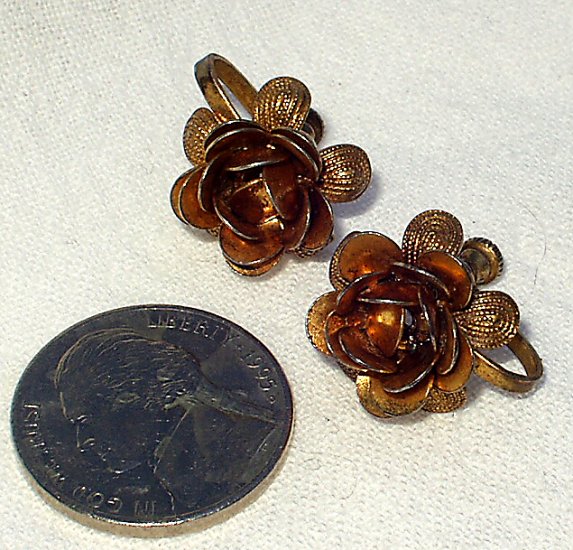 Art Nouveau Sterling Vermeil Cannetille Rose Earrings