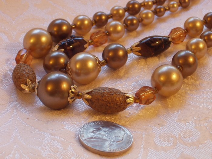 Vintage Cream & Brown Glass Pearlized Bead Necklace Signed Japan 1950s