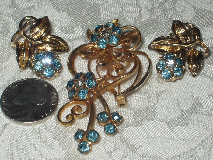 Vintage For-get-me-not Flower Rhinestone Earrings &Brooch
