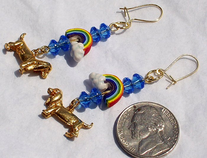 OOAK Dachshund Dog Puppy Rainbow Handmade Dangle Earrings Catitudes