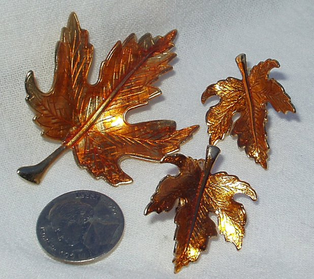 Vintage 1960's Enamel Maple Leaf Demi Parure Brooch Earring Set
