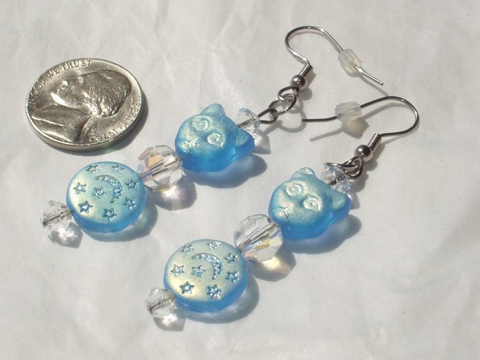 Artisan Iridescent Blue Glass Stiletto Cat Earrings Handmade OOAK
