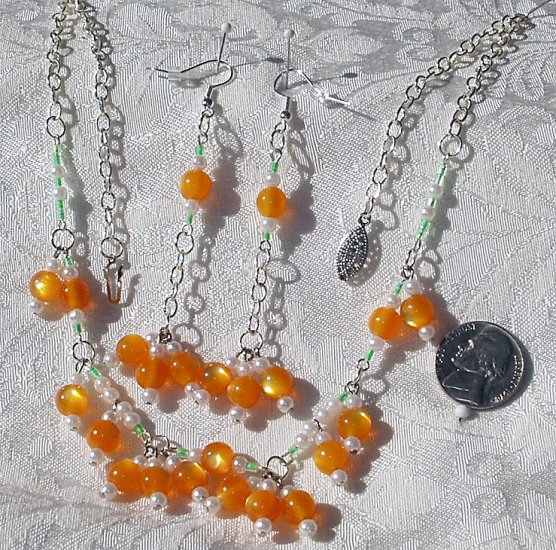 OOAK Handmade Artisan Tangerine Lucite Czech Glass Faux Pearl Demi Paurure Necklace Earrings Set
