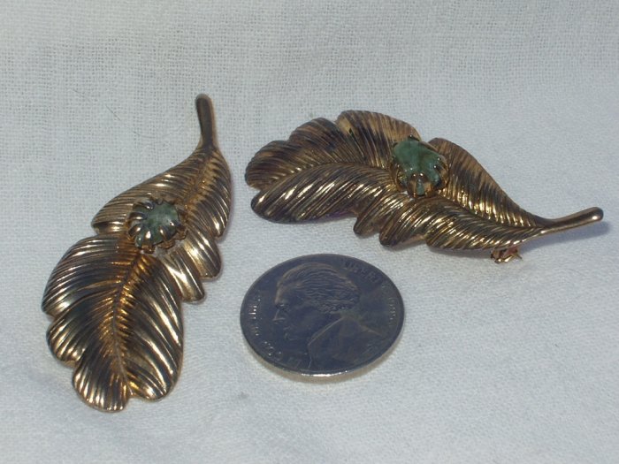 Vintage Brass Amazonite Leaf Brooch Set 1940's