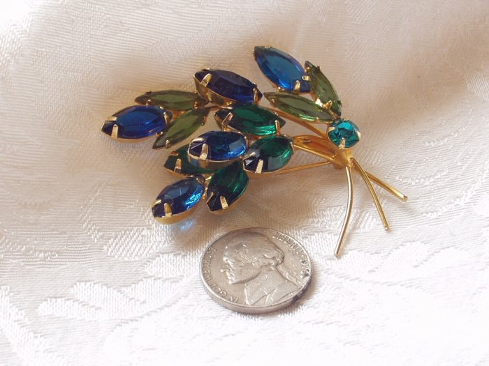 1950s Vintage Blue Green Cobalt Rinestone Leaf Spray Brooch
