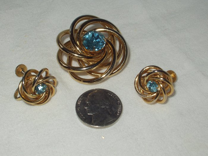 Vintage 1950'sAtomic Age Spiral Aqua Rhinestone Earring Brooch Set Demi Parure