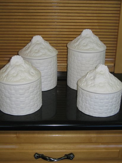 4 Piece Canister Set Basket Daisy Design Ceramic Bisque Ready To Paint