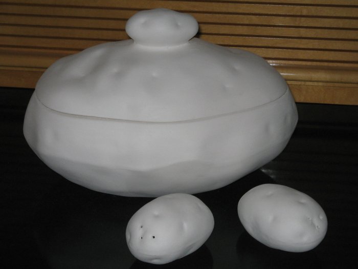 Ceramic Ready To Paint Baked Potato Look Serving Bowl with Salt Pepper