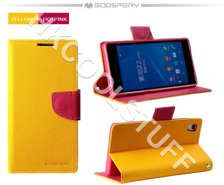Genuine Mercury Goospery Fancy Diary Wallet Case Cover for Sony Xperia Z2 Yellow+Hotpink