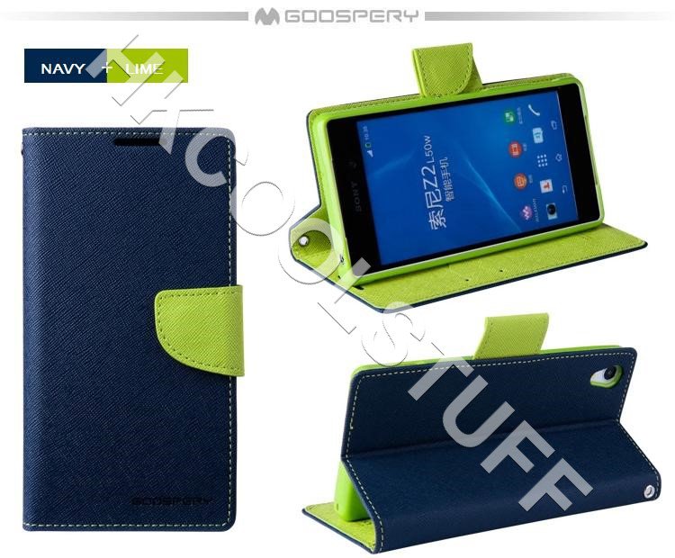 Genuine Mercury Goospery Fancy Diary Wallet Case Cover for Sony Xperia Z2 Navy+Lime