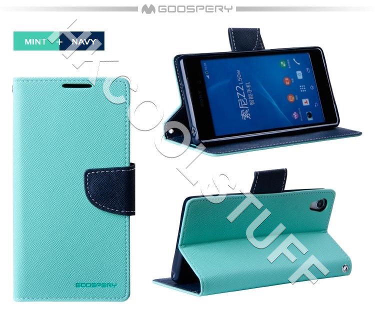 Genuine Mercury Goospery Fancy Diary Wallet Case Cover for Sony Xperia Z2 Mint+Navy
