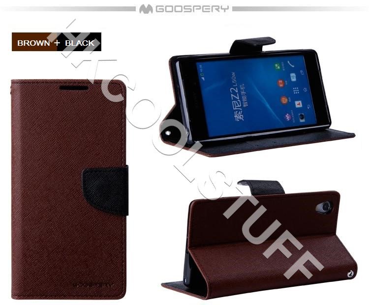 Genuine Mercury Goospery Fancy Diary Wallet Case Cover for Sony Xperia Z2 Brown+Black