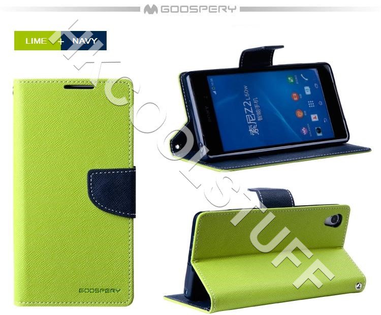 Genuine Mercury Goospery Fancy Diary Wallet Case Cover for Sony Xperia Z2 Lime+Navy