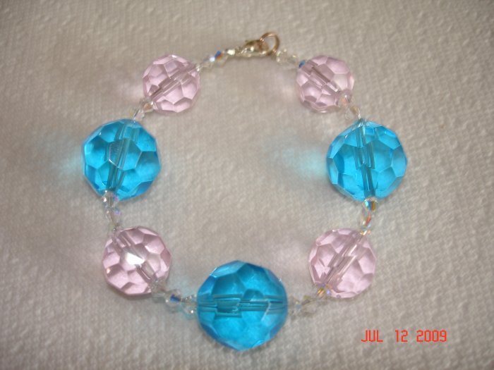 Pink and blue glass and Swarovski crystal beaded bracelet
