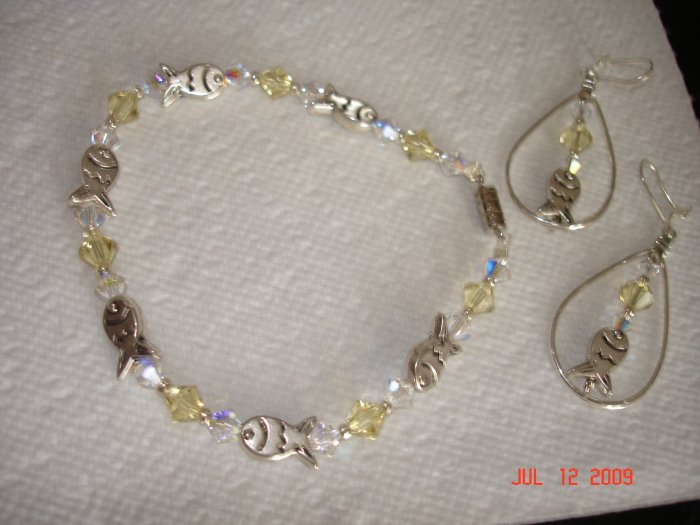 Adorable Swarovski fish bracelet and earing set