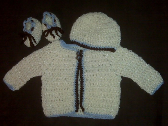 Cream, Brown, and Blue Baby Sweater Set- Special Order