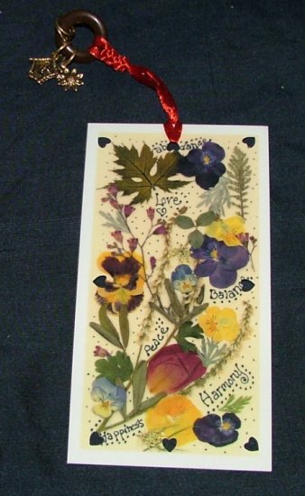Peace, Happiness, and Harmony Pansy Bookmark with Charms Vintage 1990