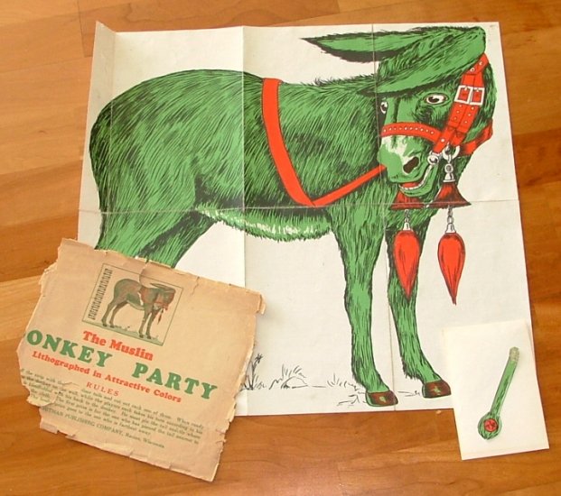 The Muslin Donkey Party, Pin the Tail on the Donkey, collectible Antique