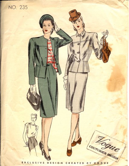 Vogue Couturier Sewing Pattern 235 Women's Suit Vintage Circa 1939 Size 12, Bust 30, Hip 33