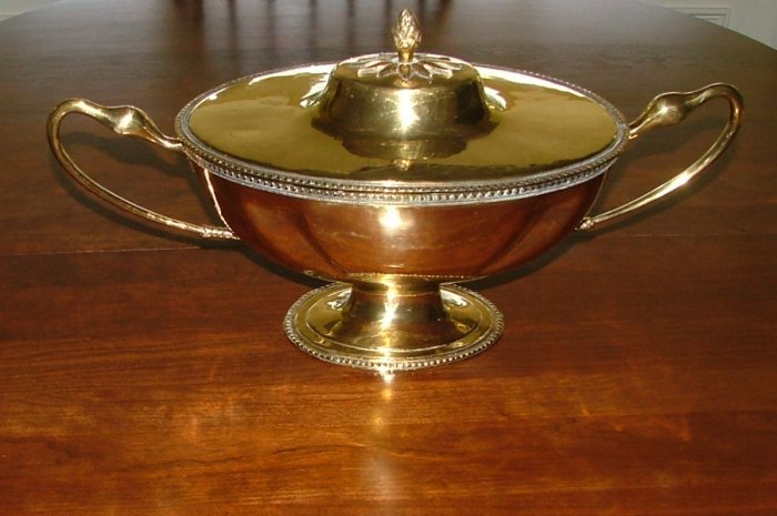 Large Handcrafted Brass Tureen on Pedestal with Elegant Swan Handles, Acorn Finals