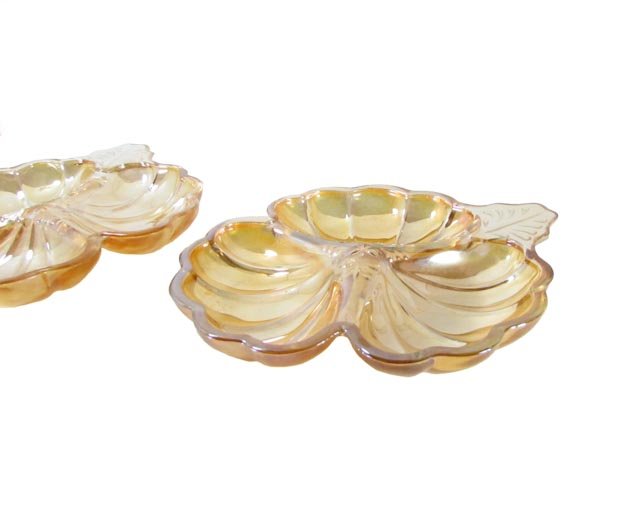 Jeannette Carnival Glass Doric Iridescent Marigold 3-pt Clover Candy Dish Blossom Tray 1935-38
