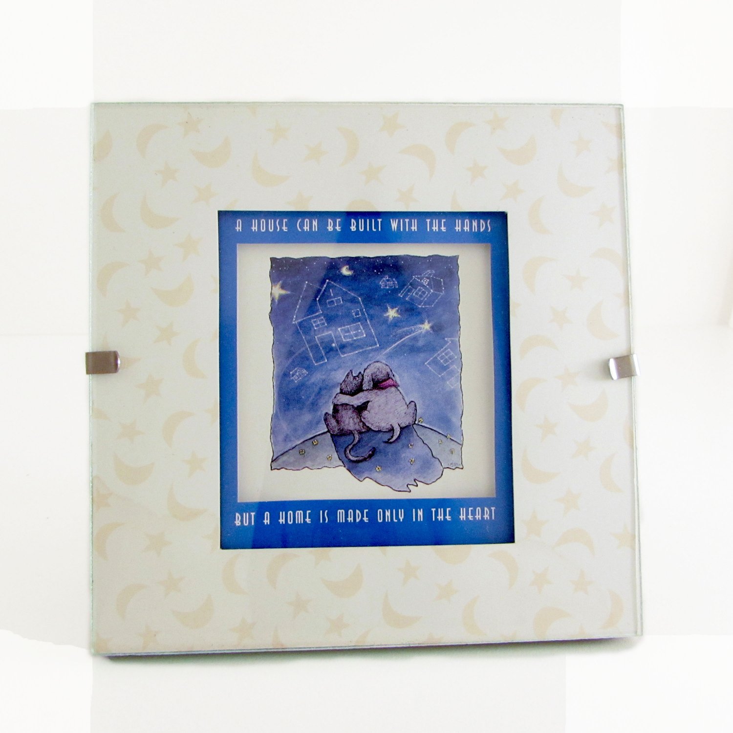 "A House Can Be Built With the Hands" Quote in Clip Photo Frame Dog, Cat, Stars, Moon