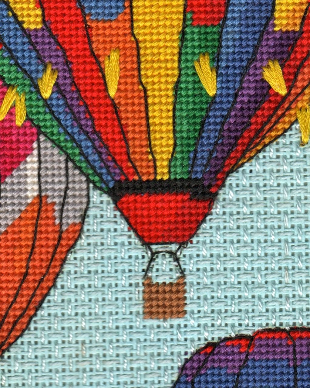 Trio of Balloons in Flight Completed Needlepoint, perfect for pillow or framed.