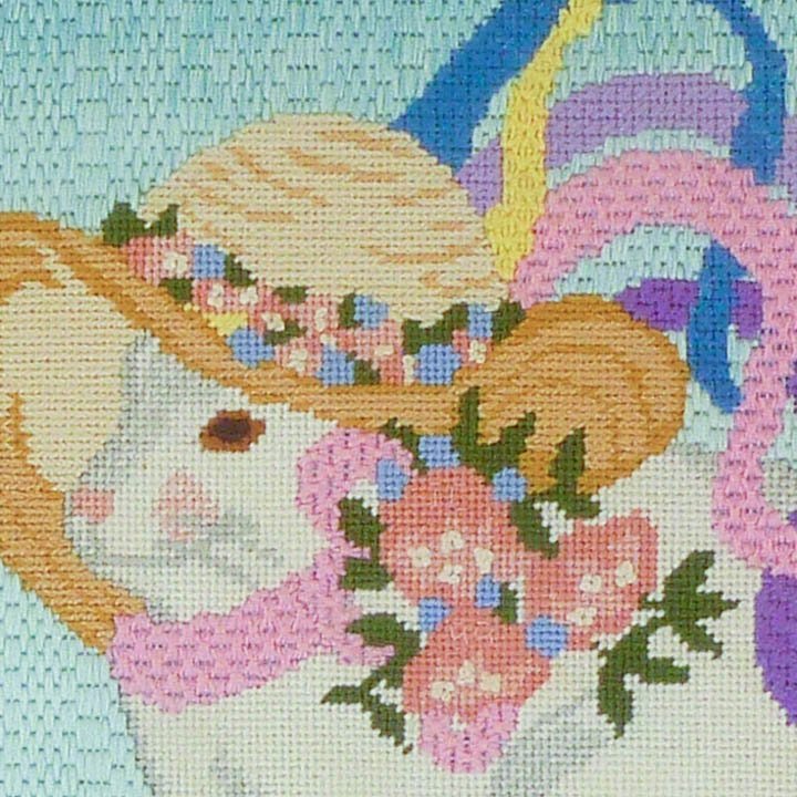 Mrs. Bunny Rabbit Framed Needlepoint, Turquoise , Aqua, Pink, Yellow, Spring, Hat, Flowers