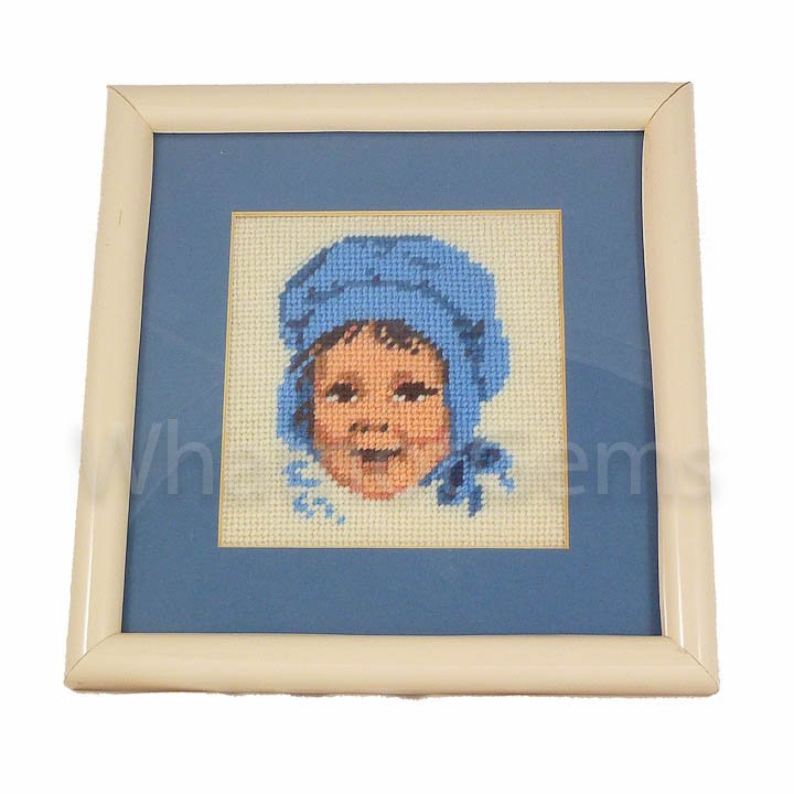 Nursery Decor Little Girl Blue Framed Needlepoint Baby Bonnet 8" Square