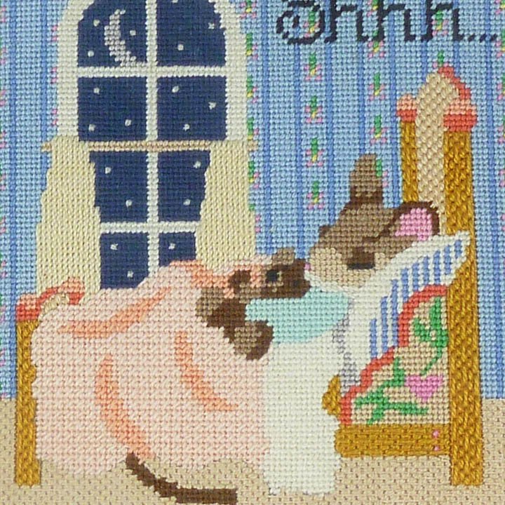 Nursery Decor, Shhh, Sleeping Mouse Framed Completed Needlepoint Baby Sleeping