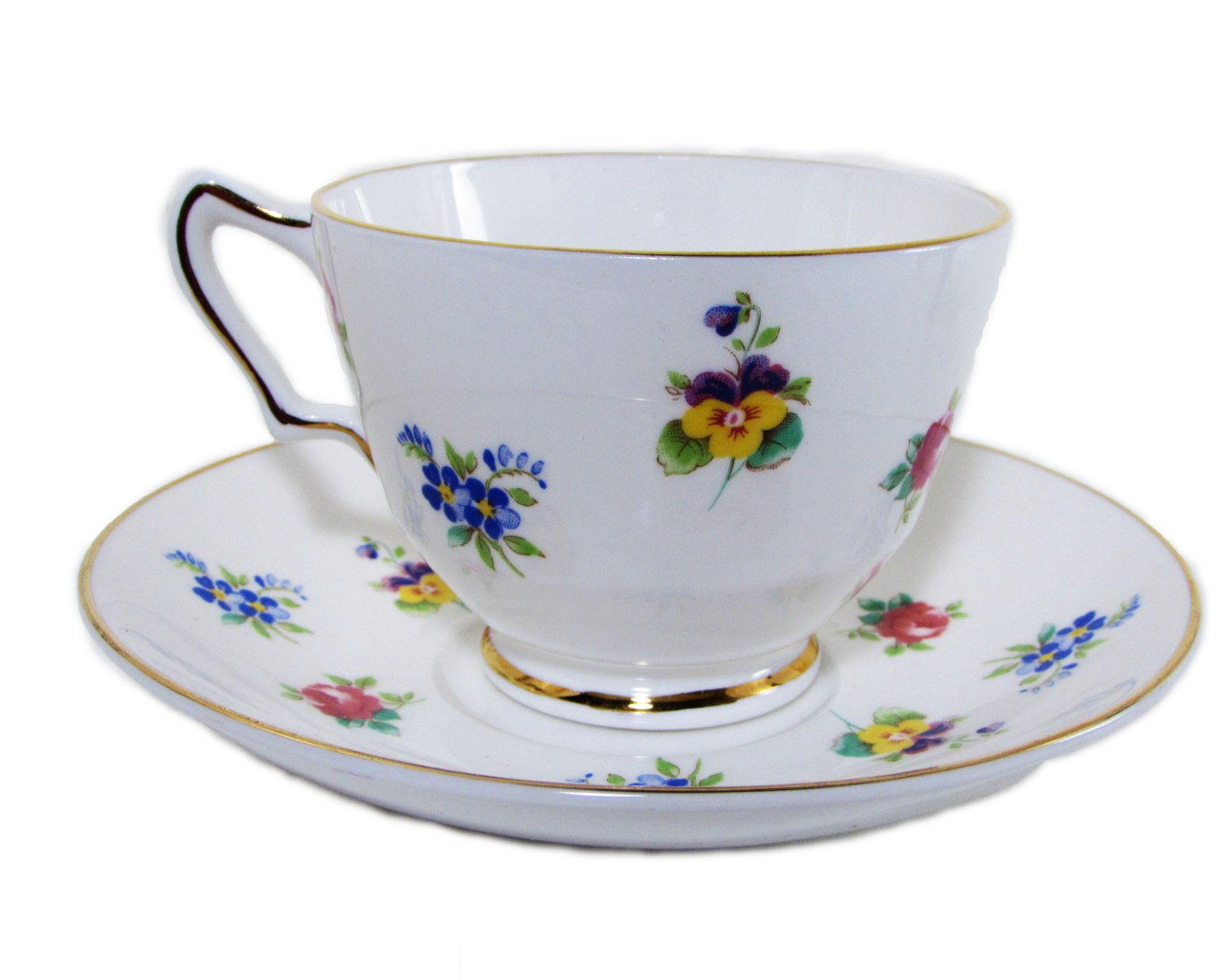 Floral Crown Staffordshire Footed Cup and Saucer Fine Bone China Pansy, Rose, Forget-me-not