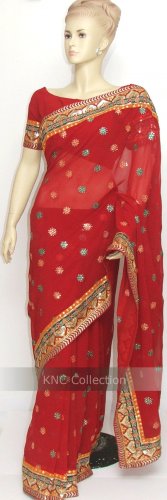 Item#SR1018 Red Jorjet Saree (WAS-$140, NOW-$99)