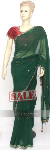 Item#SR1006 Red & Green Jorjet Saree (WAS-$190, NOW-$110)