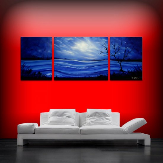 Large landscape art painting blue 24x66 three canvas sectional triptych
