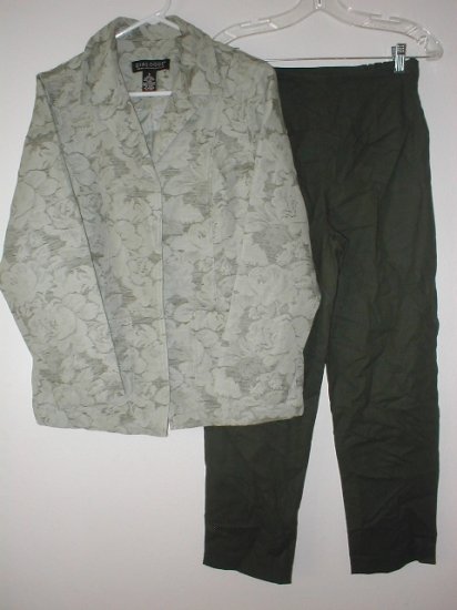 DIALOGUE Linen Cotton Jacquard Jacket & Ankle Pants Set Size 6 SMALL Sage