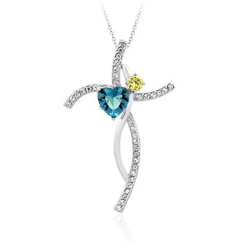 Pendant with chain with aqua blue and yellow CZ in silvetone