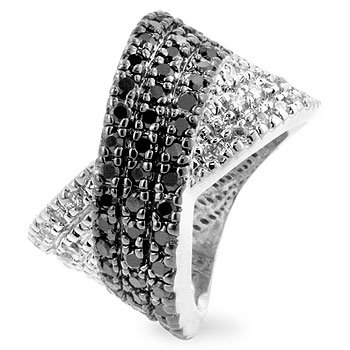 Fashion ring with crossed black & clear cubic zirconia, size 8
