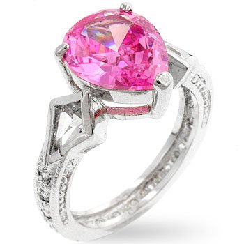 Drop shaped silver ring with pink and clear cubic zirconia in silvertone, size 8