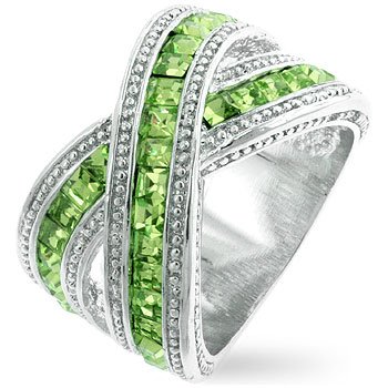 Fashion Ring with Green Olive Cubic Zirconia in silvertone, size 8