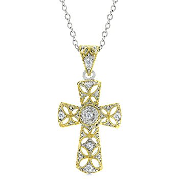 2 tone clear cubic zirconia cross fashion pendant