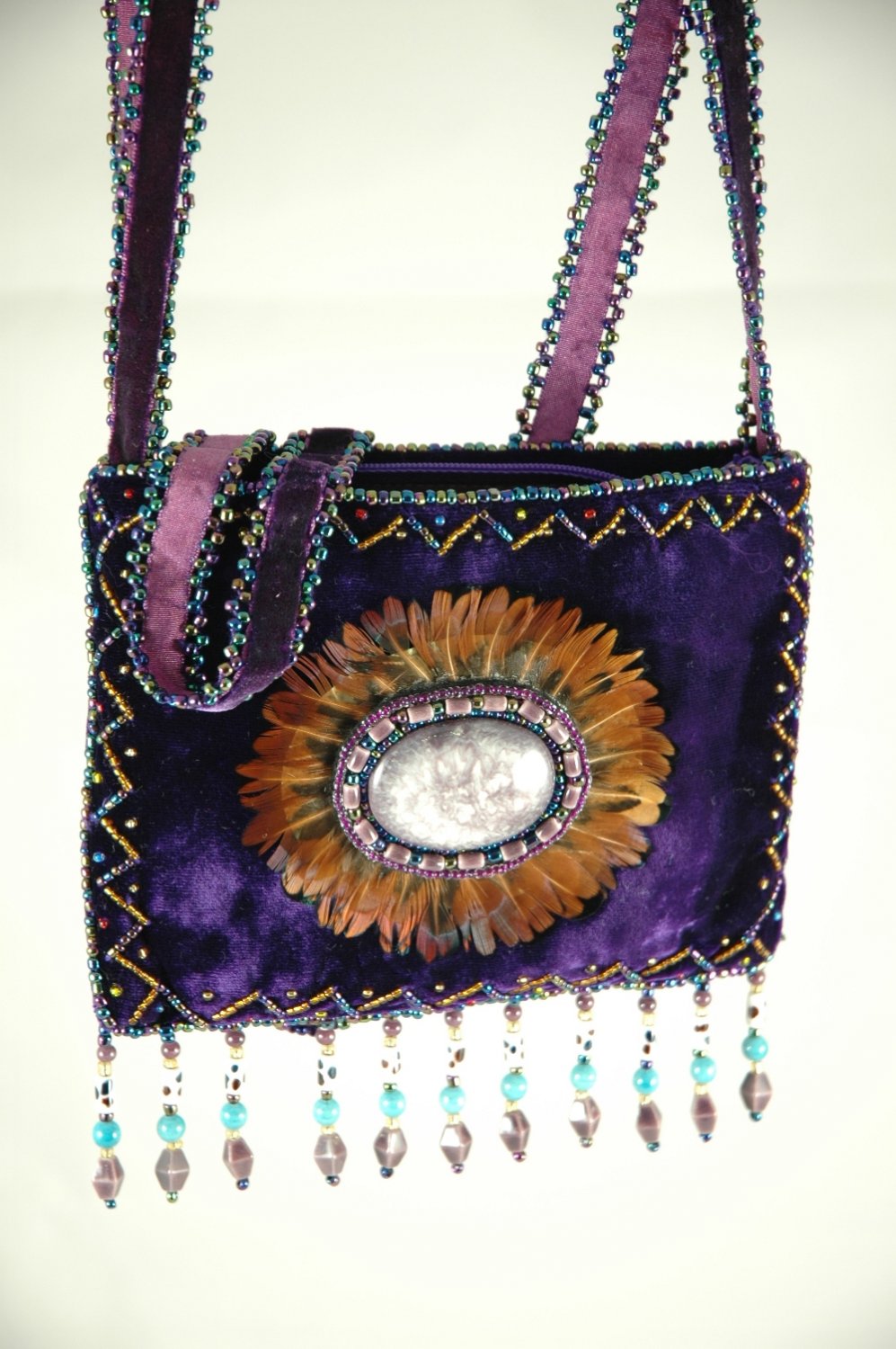 Handmade Purple 100% silk velvet purse, cross body bag
