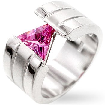 Fashion ring with pink cubic zirconia in silvertone, size 8