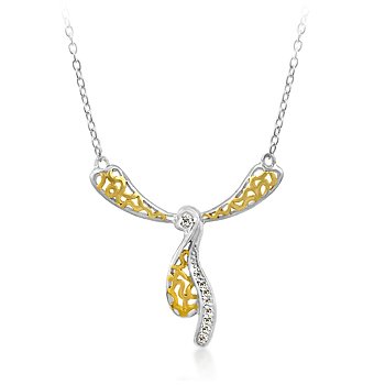 Silver and gold tone fashion necklace with clear cubic zirconia