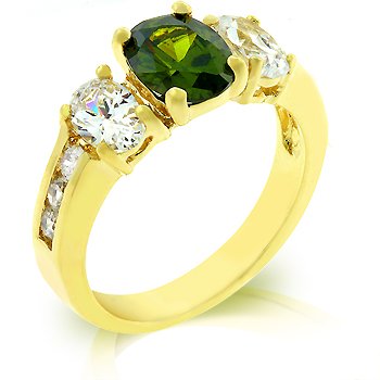 Cubic Zirconia Fashion Ring in Green/Olive and gold tone, size 8