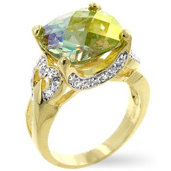 Fashion ring in gold tone with clear and green/mystic Cubic Zirconia, size 8