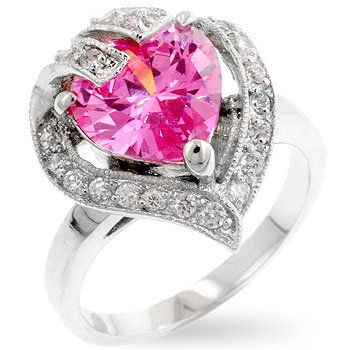 Fashion ring with pink and clear cubic zirconia, heart shaped, size 8