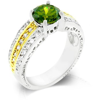 Fashion ring with green, olive shade and clear cubic zirconia, size 8